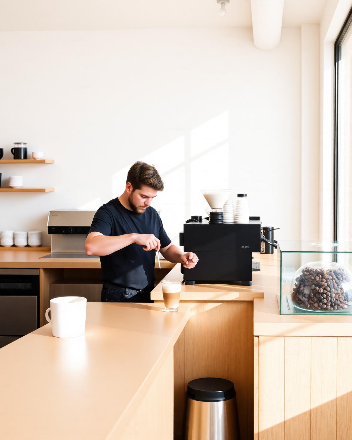 Barista v minimalistické kavárně