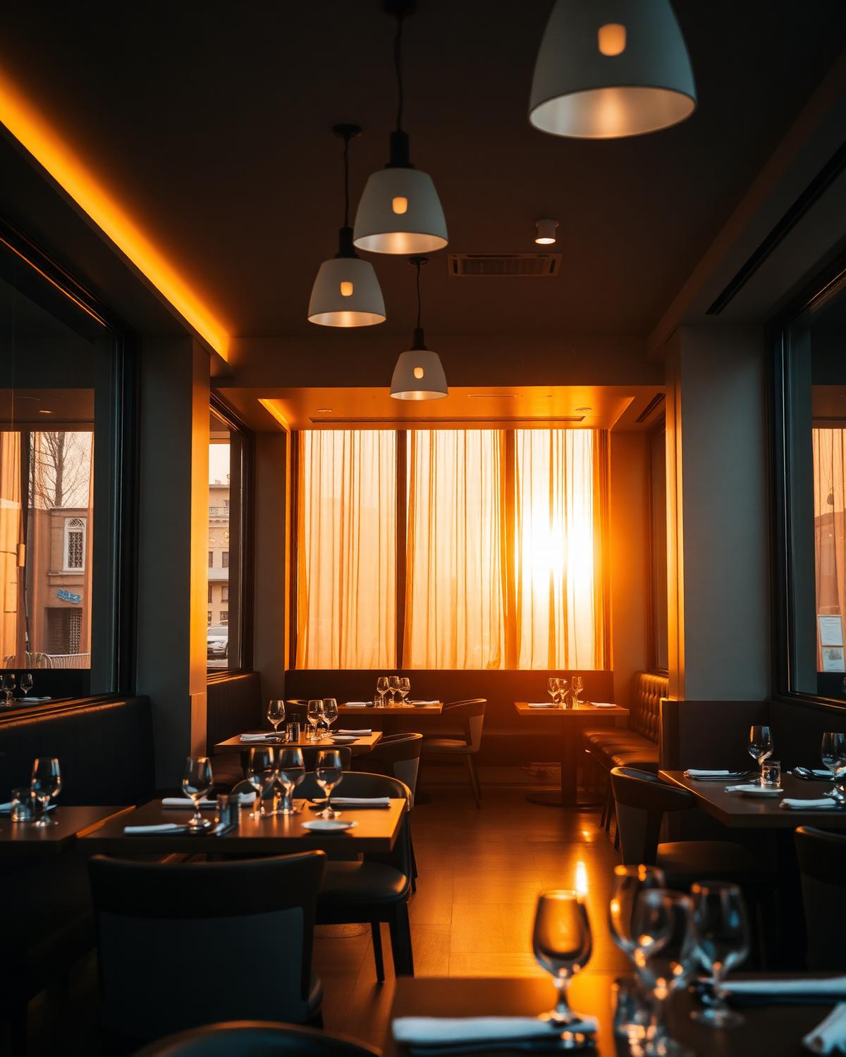 Interiér restaurace v podvečerním světle